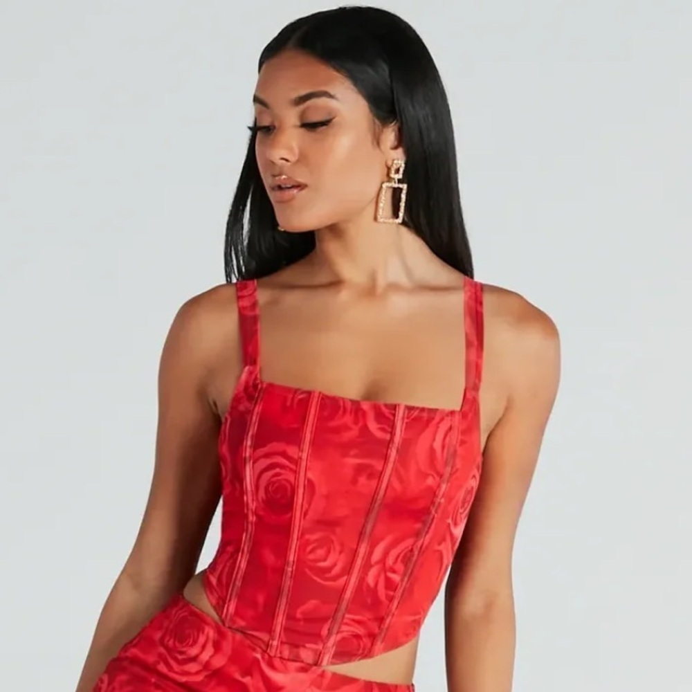 Windsor Red Rose Print Corset Bustier Top XS Lace-Up Back - Picture 3 of 11